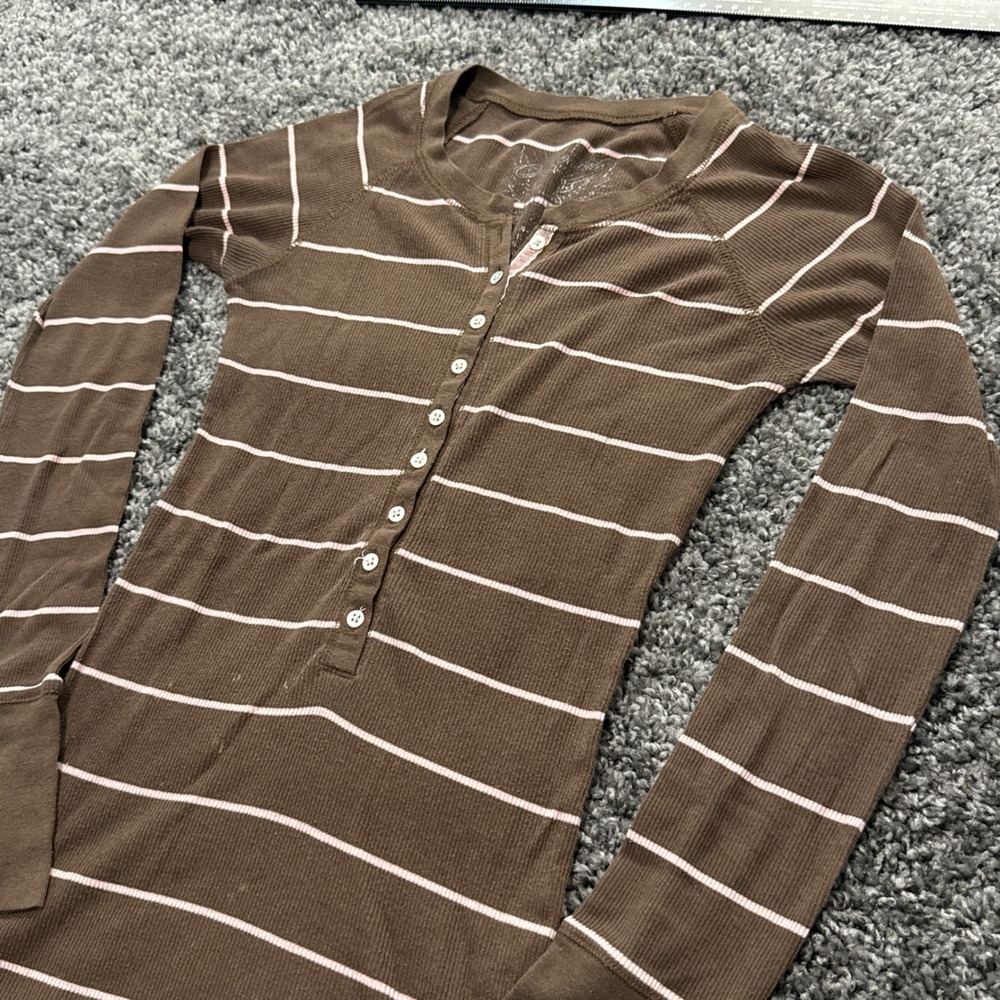 Vintage Aeropostale Henley Top Womens Brown Striped Thermal Knit Excellent S